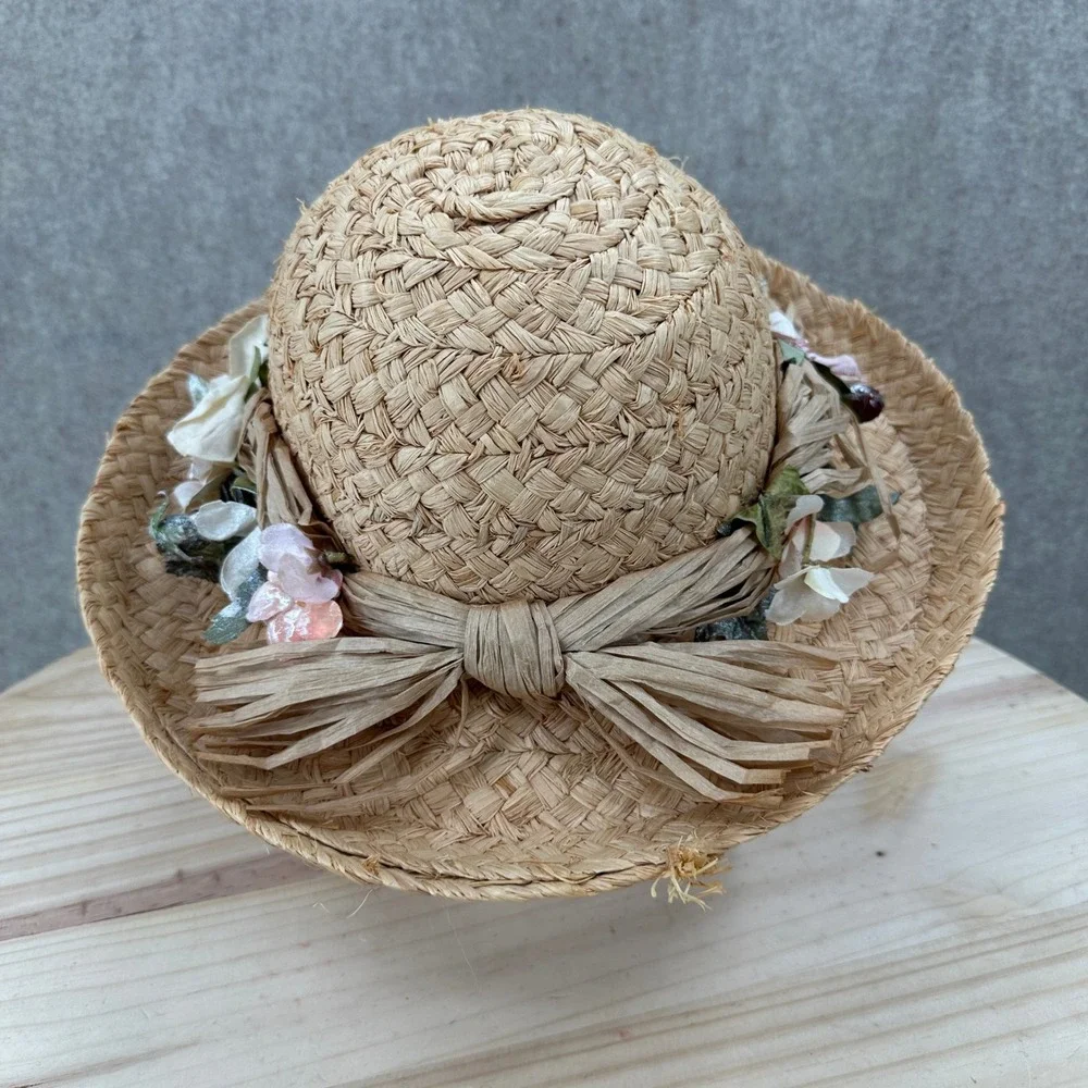Cappelli Straw Sun Hat OS Tan Floral Raffia Bow Wide Brim Beach Hat Flowers
